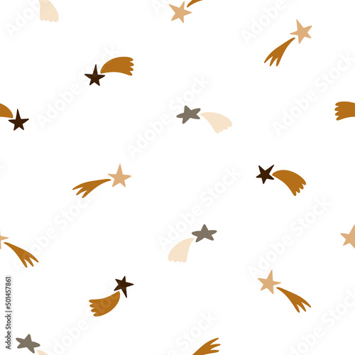 Seamless pattern with flying stars in warm muted colors. Vector illustration for your design.