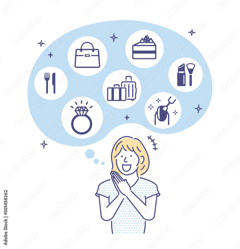 Illustration of a woman who is pleased to imagine what she wants when money comes in Illustration of a woman who is pleased to imagine what she wants when money comes in