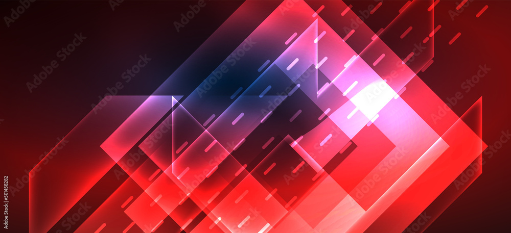 Background neon glowing lines and geometric shapes. Lights in the dark wallpaper for concept of AI technology, blockchain, digital, communication, 5G, science Background neon glowing lines and geometric shapes. Lights in the dark wallpaper for concept of AI technology, blockchain, digital, communication, 5G, science