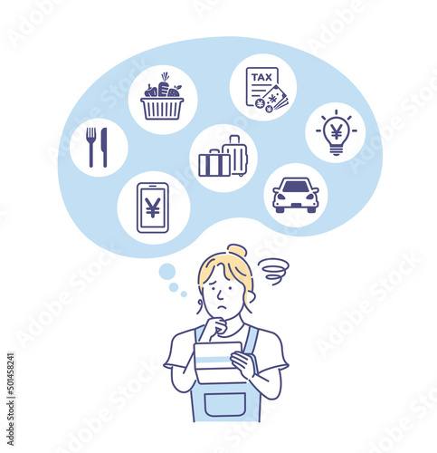 Vector illustration of a young woman looking at a bankbook and worried about money ( inflation )