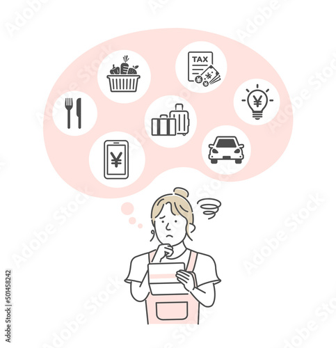 Vector illustration of a young woman looking at a bankbook and worried about money ( inflation )
