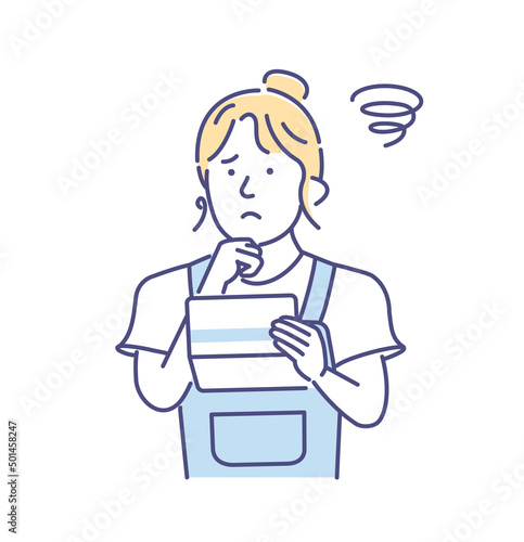 Vector illustration of a young woman looking at a bankbook and worried about money ( inflation )