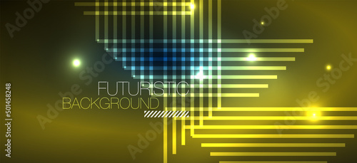 Background neon glowing lines and geometric shapes. Lights in the dark wallpaper for concept of AI technology, blockchain, digital, communication, 5G, science