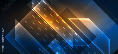Background neon glowing lines and geometric shapes. Lights in the dark wallpaper for concept of AI technology, blockchain, digital, communication, 5G, science