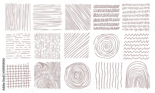 Hand drawn line texture set. Vector scribble, horizontal and wave strokes collection. Graphic vector freehand textures set. Ink lines isolated on white background.
