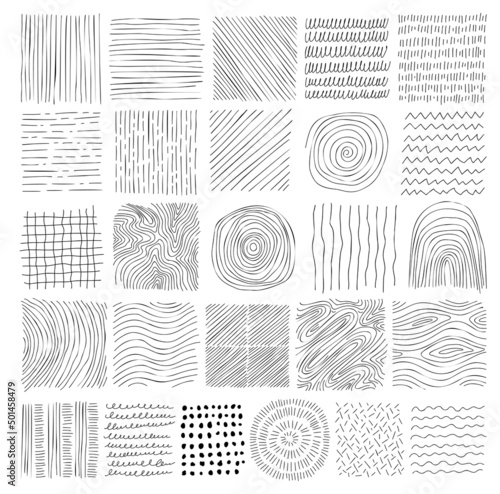 Hand drawn line texture set. Vector scribble, horizontal and wave strokes collection. Graphic vector freehand textures set. Ink lines isolated on white background.