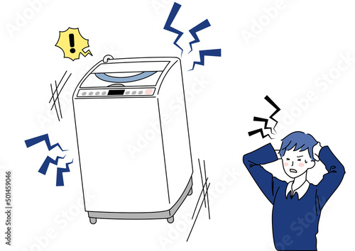 騒音を立てる縦型洗濯機と困る男性
