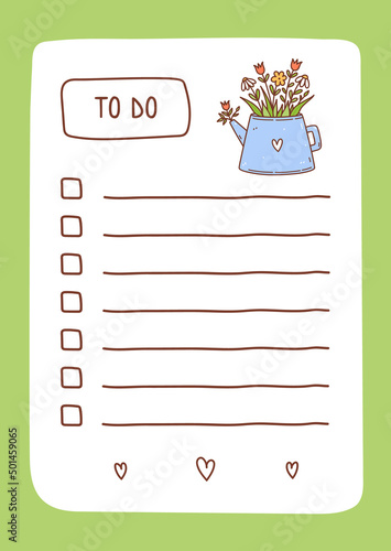 To do list template decorated by spring flowers in a teapot. Cute design of schedule, daily planner or checklist. Vector hand-drawn illustration. Perfect for planning, notes and self-organization.