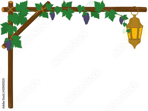 Horizontal wood branch arch frame with grape vines and lantern vector illustration