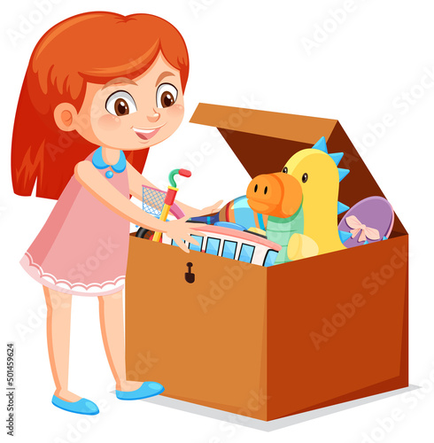 A girl putting her toy into the box