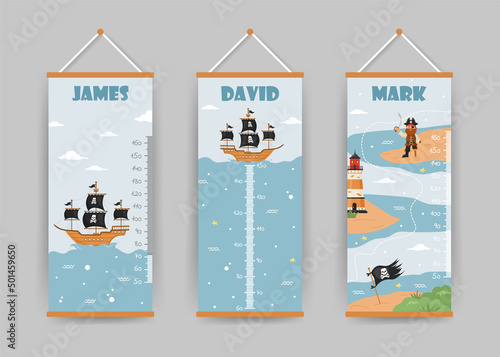 Kids height charts collection. Meter wall with pirate captain, ship and flag. Vector illustration in doodle cartoon style. Childish growth chart. Poster template for nursery interior.