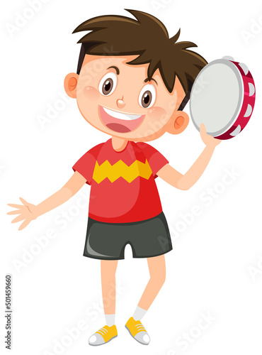 Hapy boy holding tambourine music instrumen photo