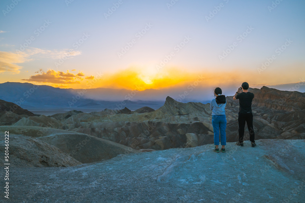 Zabriskie point sunset,  one of the most popular spots in Death Valley National Park to see sunset.