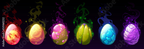 Fantasy set of eggs of dragon, magic creature, or dinosaur. Vector cartoon set of fantastic eggs of mythology fairy tale beast with different texture and mystic glow