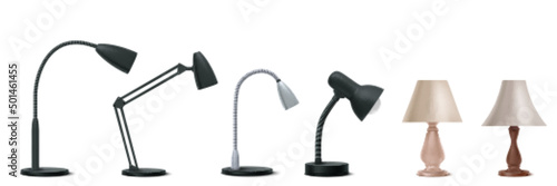 Table lamps, bedside and desktop electric light. Vector realistic set of 3d desk lamps with bulb, shade and round stand for office, bedroom or living room interior isolated on white background