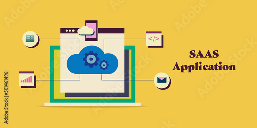 Saas technology - Cloud computing software application, web hosting conceptual web banner template.