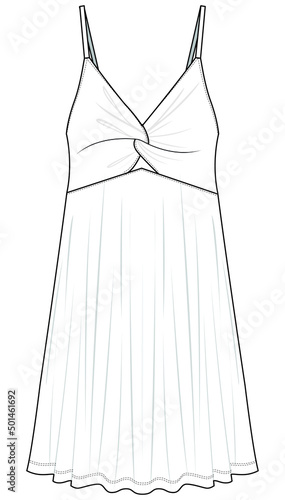 women slip dress tie knot front v neck spaghetti strap dress flat sketch editable vector file