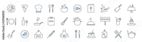 Set of food cooking and chef restaurant doodle icons. Apron, kebab, reserved or open banners, cake, teapot, fork with knife, cutting board, dish, fish on plate, pizza menu elements Linear vector signs