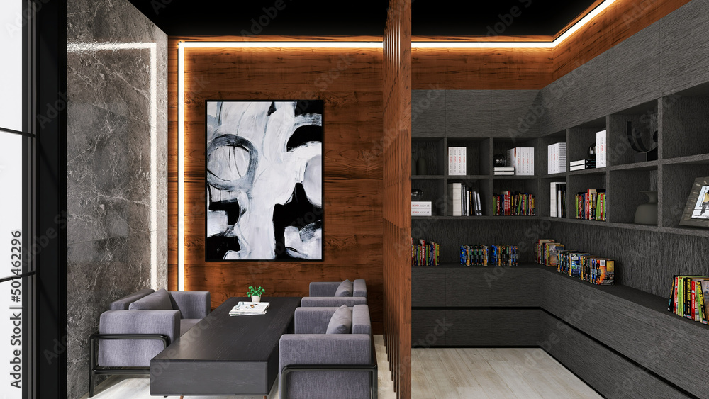 Projekt wnętrz, wizualizacja pomieszczenia, nowoczesny pokój z ledami - obrazy, fototapety, plakaty 