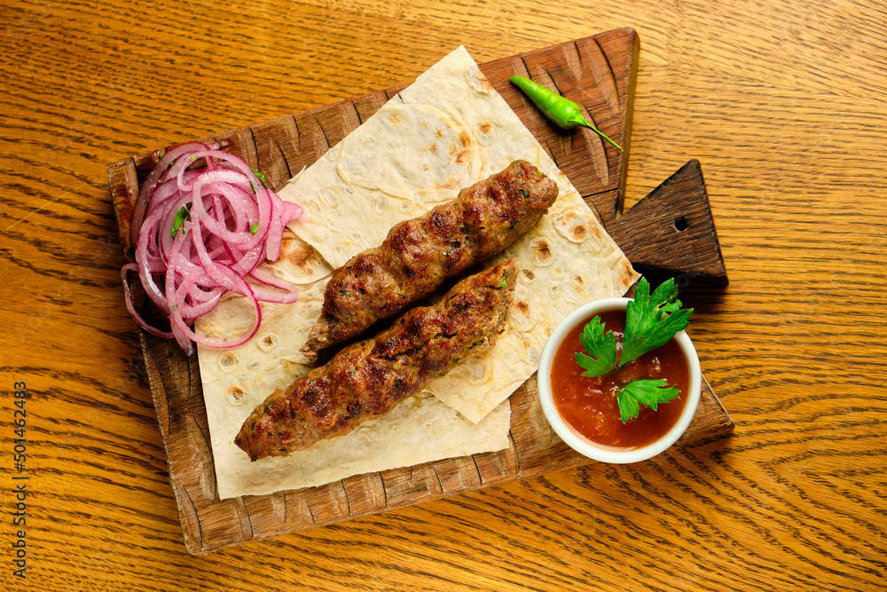 Juicy toasted kebab gyroscopic sausage Lyulya Minced Juicy toasted kebab gyroscopic sausage Lyulya Minced