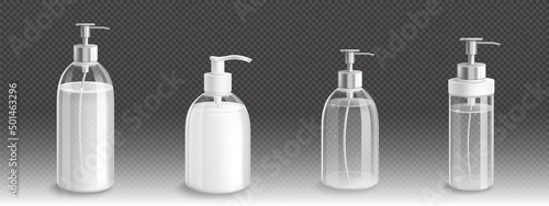 Transparent pump bottles for liquid soap, lotion or shampoo 3d vector mockup. Isolated glass or plastic containers, blank packages with dispenser for bath or toilet cosmetics, Realistic mock up set