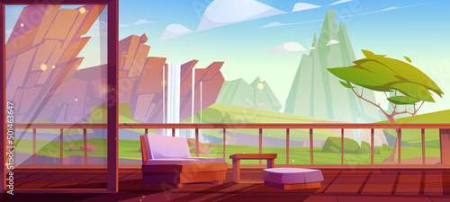 Home terrace with mountains and valley scenery view. Wooden table and couch stand on wood floor at nature landscape with waterfall, rocks and green trees. Area for relax Cartoon vector illustration