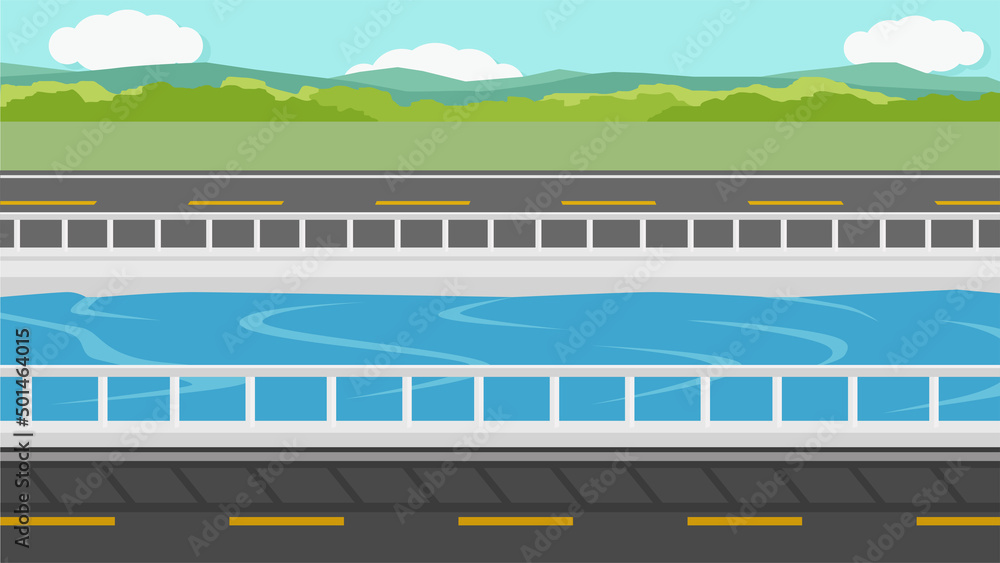 Empty asphlat road with river in the middle of the road. Landscape background of green grass and mountains under blue sky. Empty asphlat road with river in the middle of the road. Landscape background of green grass and mountains under blue sky.