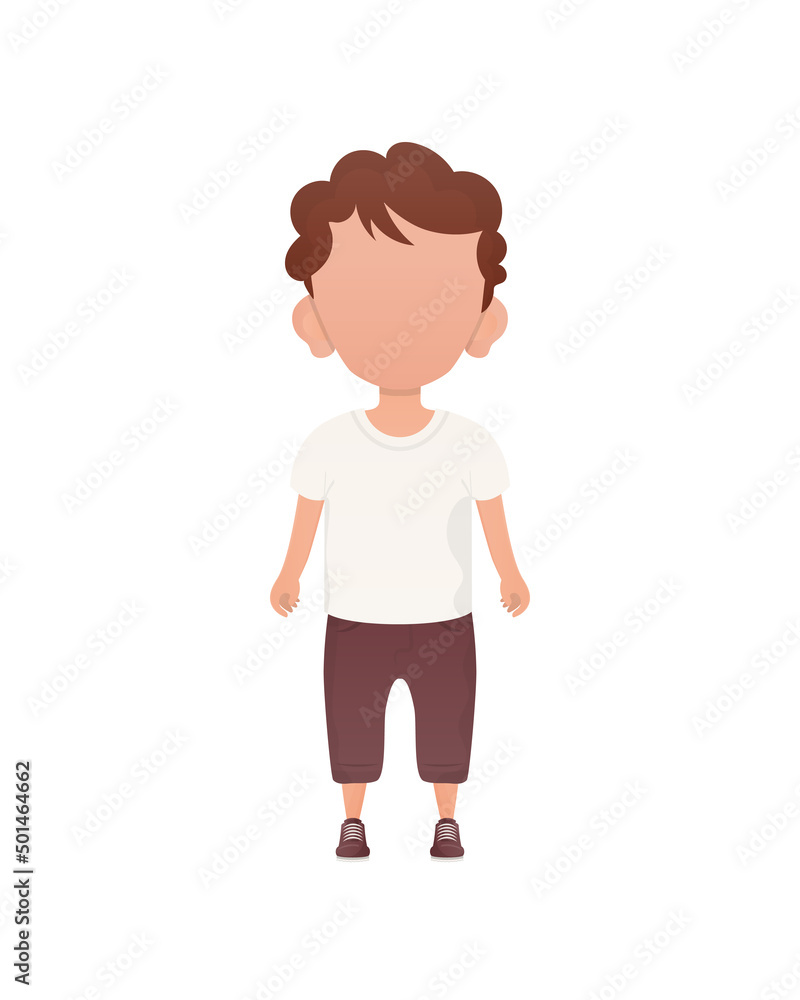 Dark-haired little boy, preschool age in a t-shirt and shorts. Isolated. Vector illustration in cartoon style. Dark-haired little boy, preschool age in a t-shirt and shorts. Isolated. Vector illustration in cartoon style.