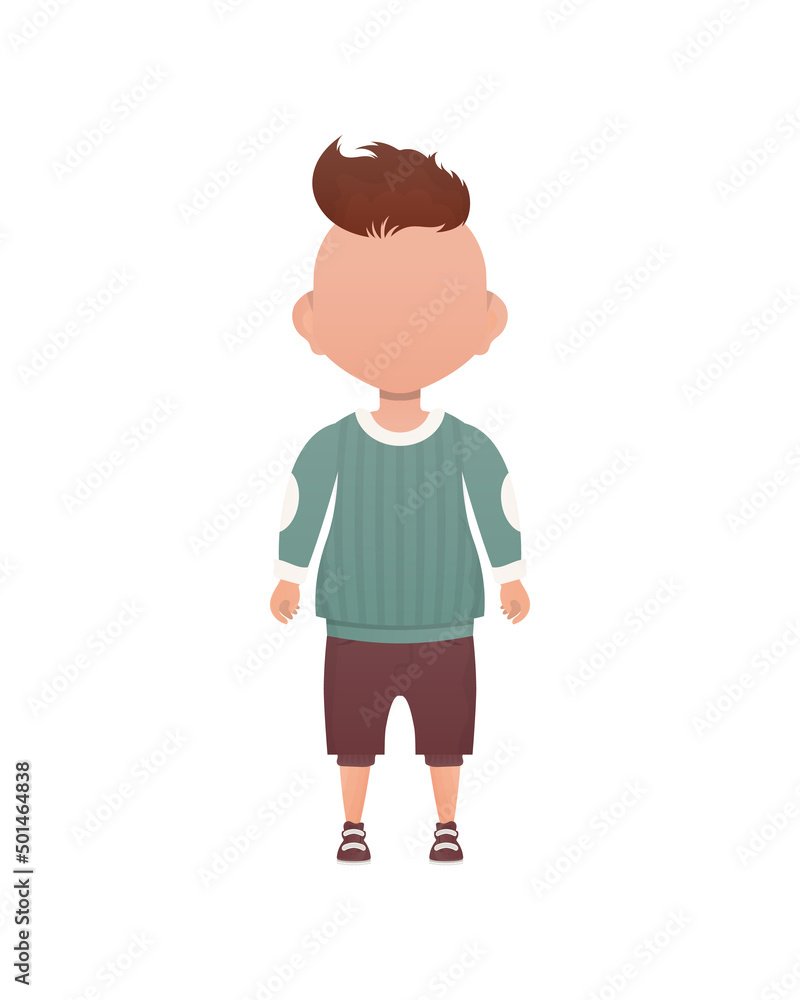 Dark-haired little boy, preschool age in a sweater and shorts. Isolated. Cartoon style. Vector illustration. Dark-haired little boy, preschool age in a sweater and shorts. Isolated. Cartoon style. Vector illustration.