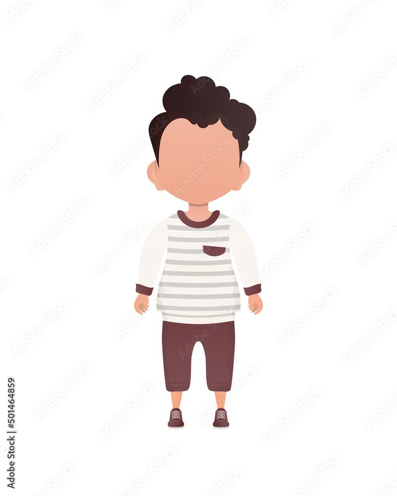 Dark-haired little boy, preschool age in a sweater and shorts. Isolated on white background. Vector illustration in cartoon style.