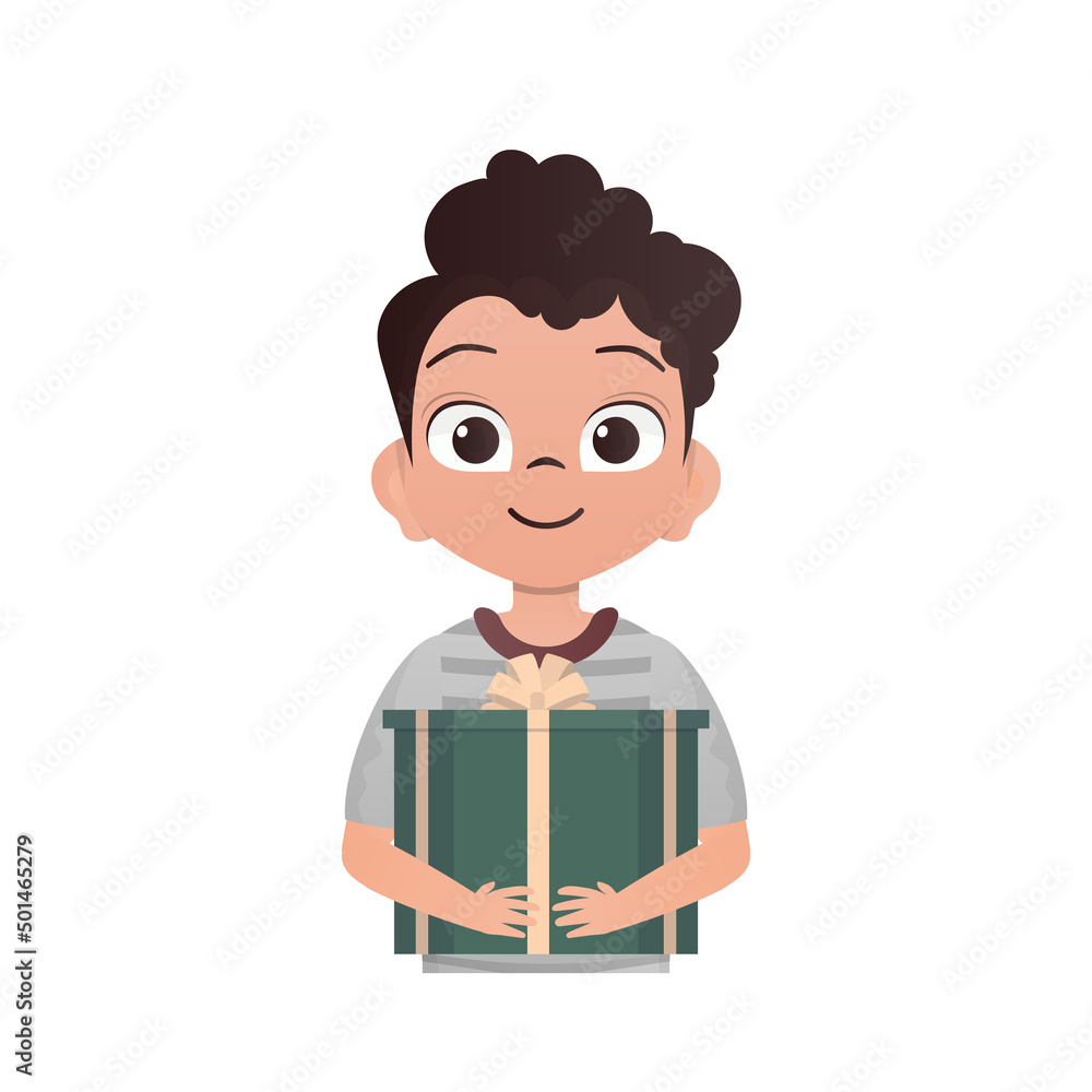 A small boy of preschool age is depicted waist-deep and holding a gift in his hands. Birthday, New Year or holidays theme. Isolated. Cartoon style. A small boy of preschool age is depicted waist-deep and holding a gift in his hands. Birthday, New Year or holidays theme. Isolated. Cartoon style.