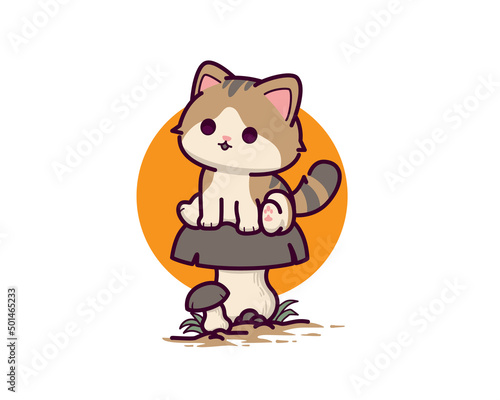 Cute cat sitting on big mushroom 