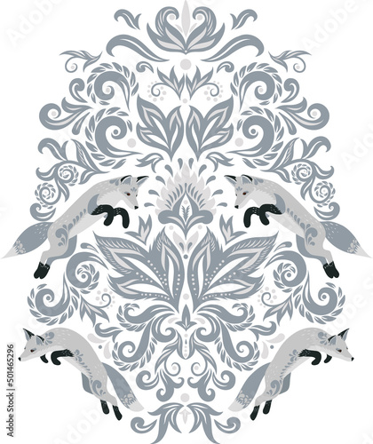 Grey jumping foxes, an ornament of plants in grey shades. Transparent background.  Damask style. 