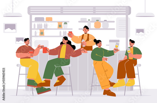 People drinking alcohol in bar, young couples dating, celebrate party. Male and female characters with wineglasses communicate sit on high chairs at desk with barista, Linear flat vector illustration
