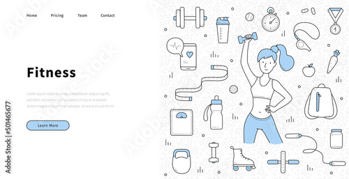 Fitness landing page in doodle style, woman exercising with dumbbells, healthy lifestyle, sport, weight loss and workout recreation in gym. Fit girl, gadgets for sports life, Linear vector web banner