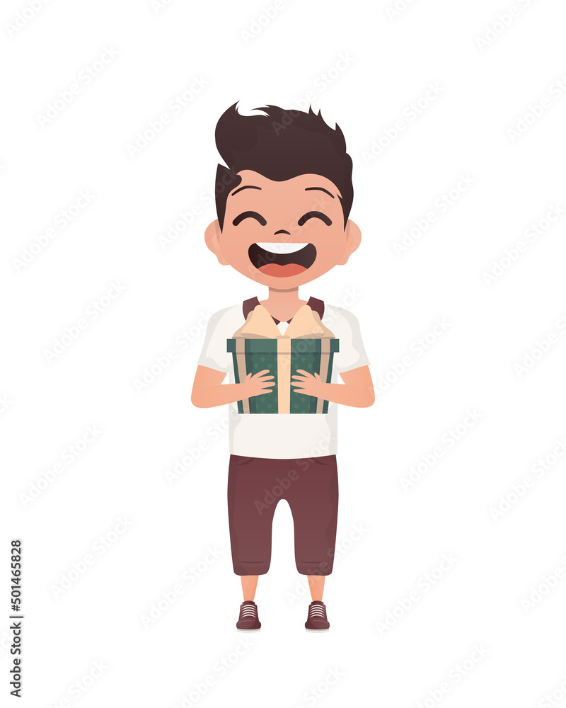 A small boy child is depicted in full growth and holds a box with a bow in his hands. Birthday, New Year or holidays theme. Cartoon style, isolated. A small boy child is depicted in full growth and holds a box with a bow in his hands. Birthday, New Year or holidays theme. Cartoon style, isolated.