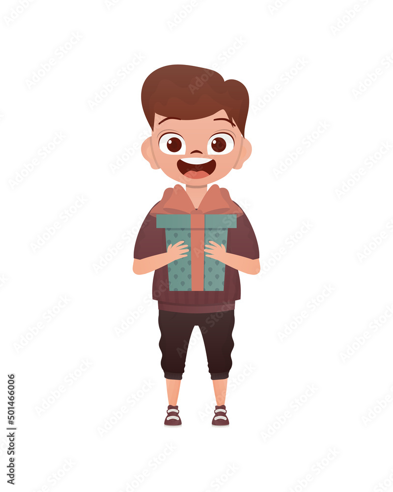 A small boy of preschool age is depicted in full growth and holds a box with a bow in his hands. Birthday, New Year or holidays theme. Isolated. Cartoon style.