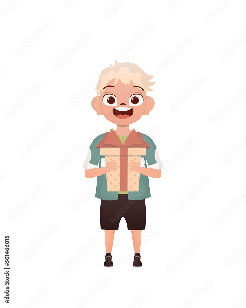 A small teenage boy is depicted in full growth and holds a gift box in his hands. Birthday, New Year or holidays theme. Cartoon style isolated on white background. A small teenage boy is depicted in full growth and holds a gift box in his hands. Birthday, New Year or holidays theme. Cartoon style isolated on white background.