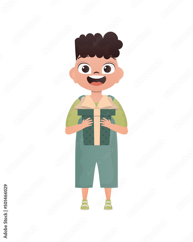 A small teenage boy is depicted in full growth and holds a gift box in his hands. Birthday, New Year or holidays theme. Cartoon style, isolated. A small teenage boy is depicted in full growth and holds a gift box in his hands. Birthday, New Year or holidays theme. Cartoon style, isolated.