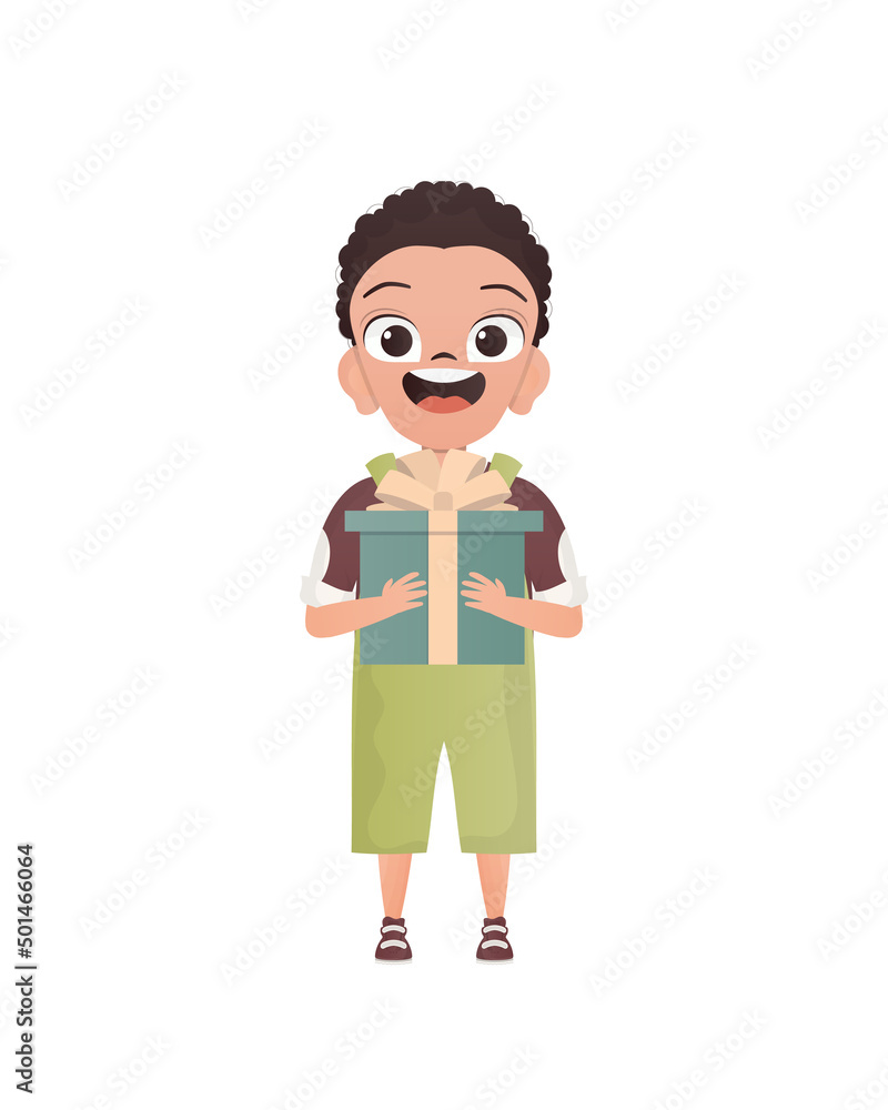 A small teenage boy is depicted in full growth and holds a gift in his hands. Birthday, New Year or holidays theme. Cartoon style, isolated. A small teenage boy is depicted in full growth and holds a gift in his hands. Birthday, New Year or holidays theme. Cartoon style, isolated.