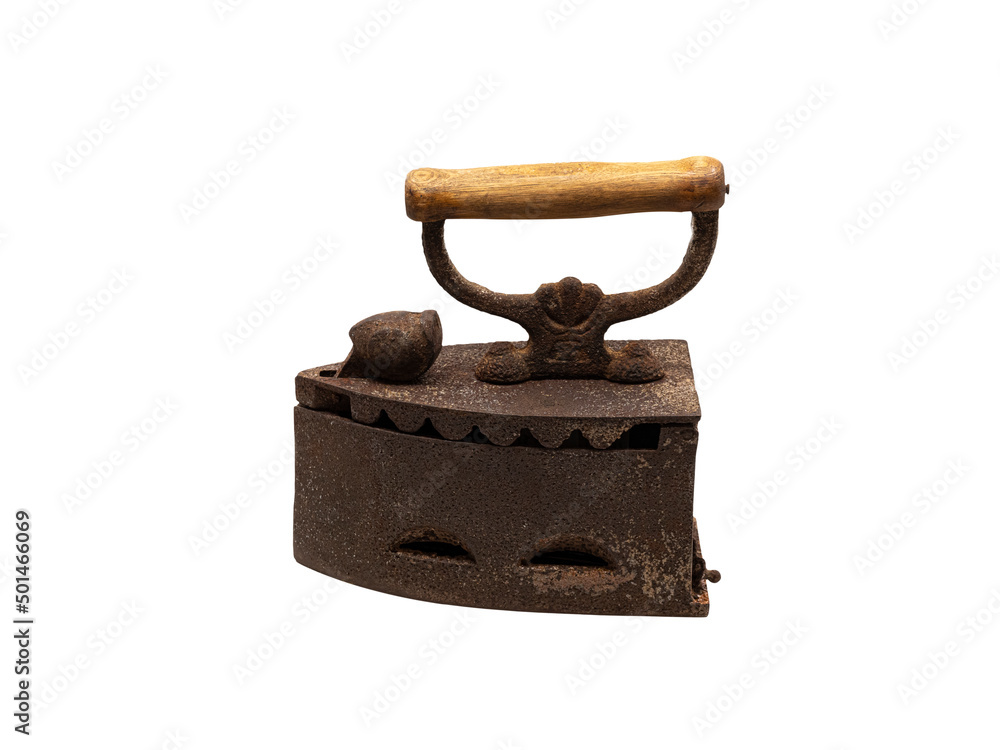 antique cast iron heavy iron with wooden handle on isolated white background antique cast iron heavy iron with wooden handle on isolated white background