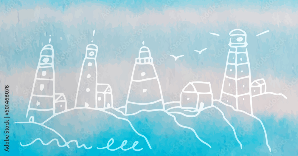 lighthouses set doodle watercolor vector illustration