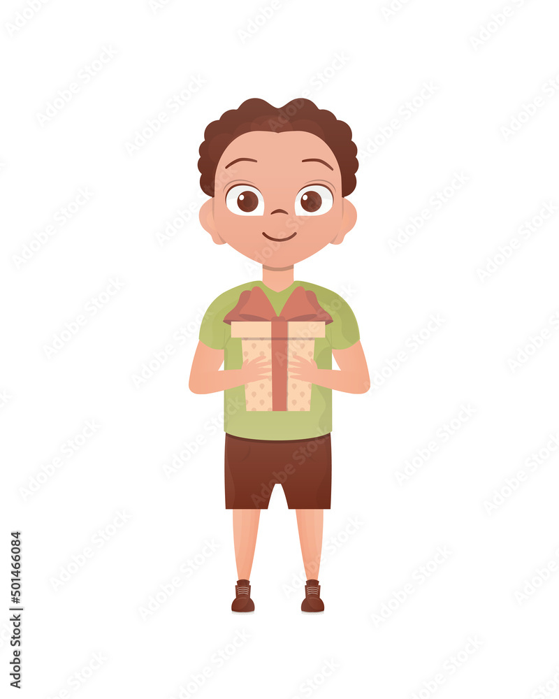 A small teenage boy is depicted in full growth and holds a box with a bow in his hands. Birthday, New Year or holidays theme. Cartoon style isolated on white background.