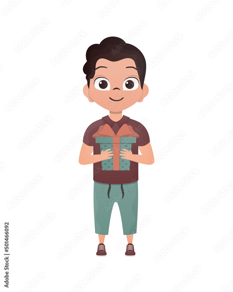A small teenage boy is depicted in full growth and holds a box with a bow in his hands. Birthday, New Year or holidays theme. Cartoon style, isolated. A small teenage boy is depicted in full growth and holds a box with a bow in his hands. Birthday, New Year or holidays theme. Cartoon style, isolated.