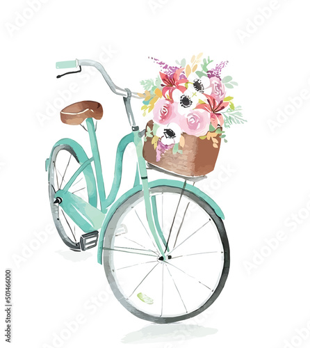 Bicycle Day with Flowers Vector Background, Bike and Floral Hand Drawn Drawing Vector Water Color 