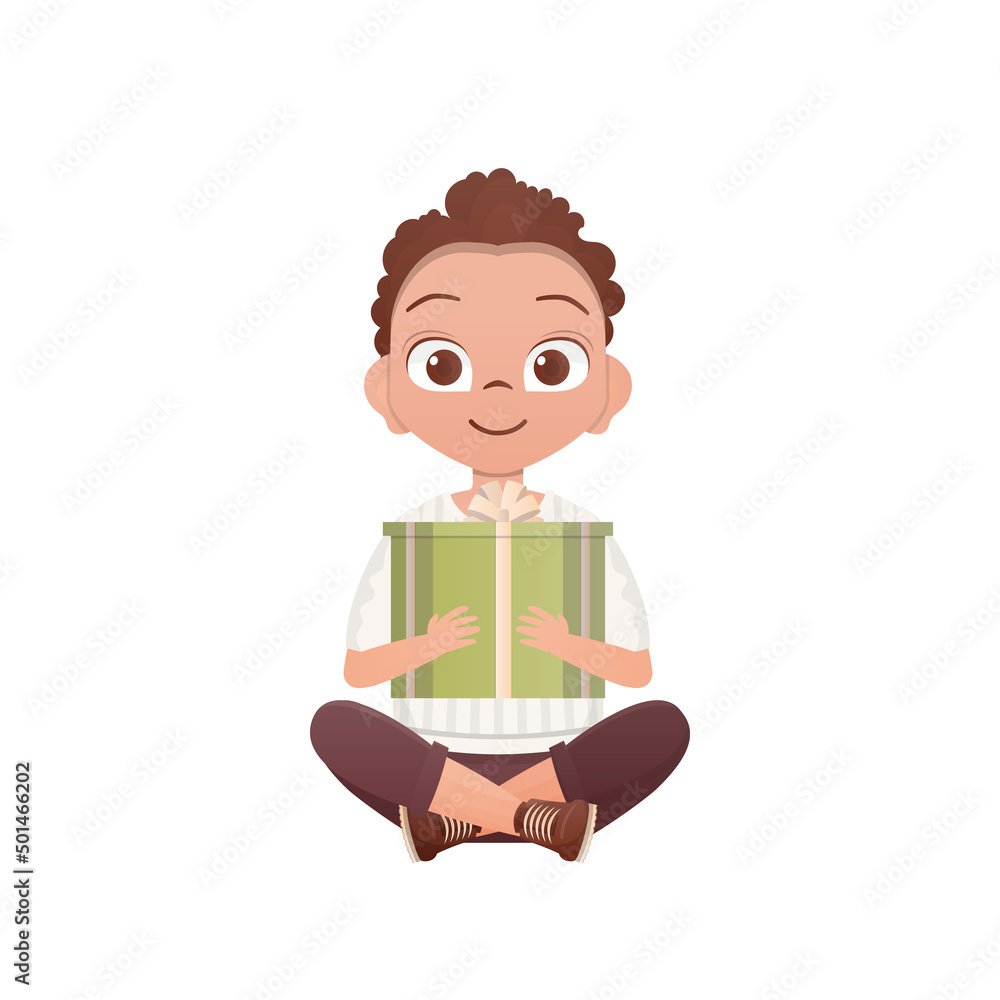 A little teen boy sits in a lotus position and holds a box with a bow in his hands. Birthday, New Year or holidays theme. Isolated. Cartoon style.