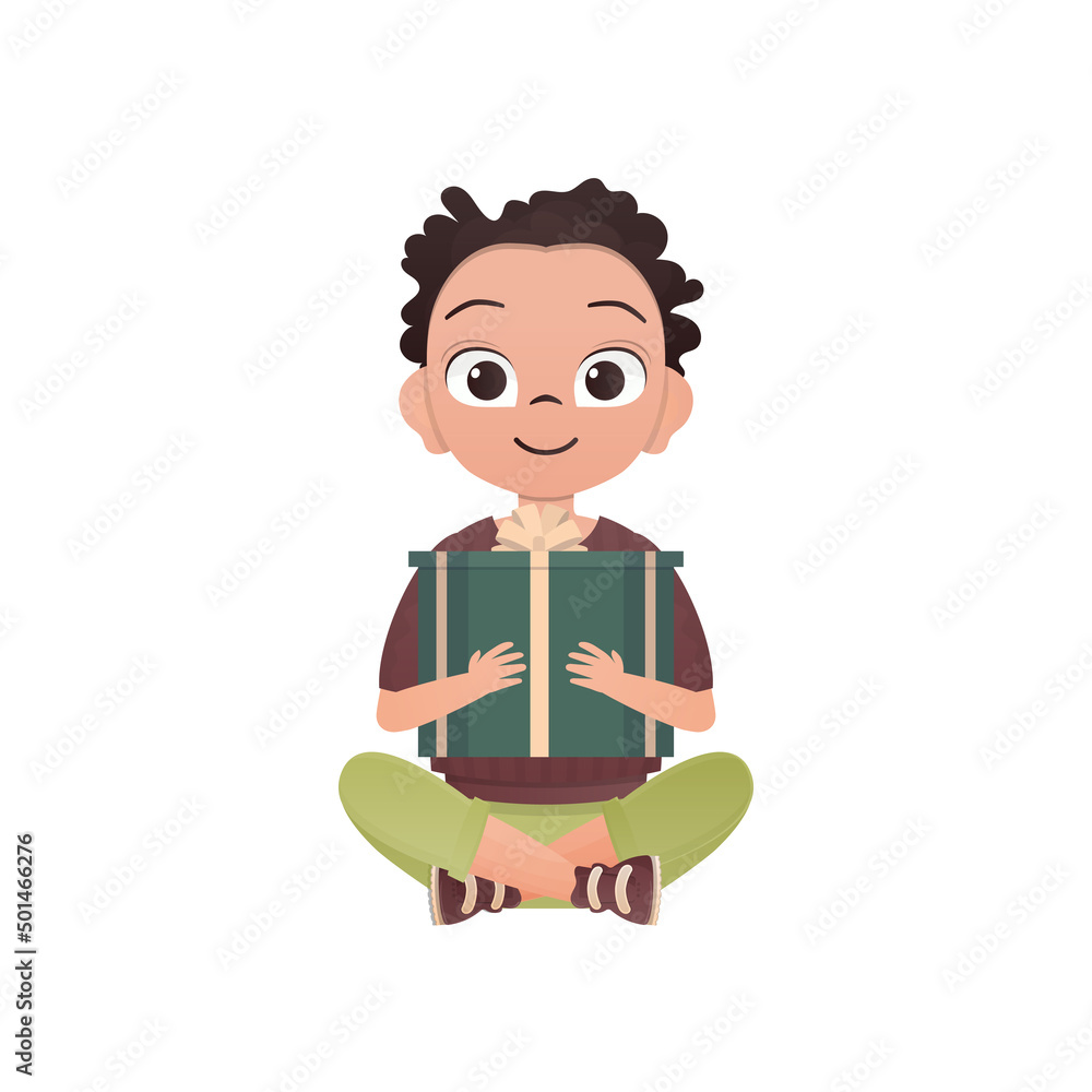 A small boy child is depicted in the lotus position and holding a gift in his hands. Birthday, New Year or holidays theme. Cartoon style, isolated. A small boy child is depicted in the lotus position and holding a gift in his hands. Birthday, New Year or holidays theme. Cartoon style, isolated.