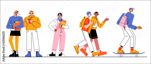 Group of students, multicultural young girls and boys with backpacks holding books and smartphones, riding skateboard. Happy teenagers characters in casual clothes. Linear flat vector illustration