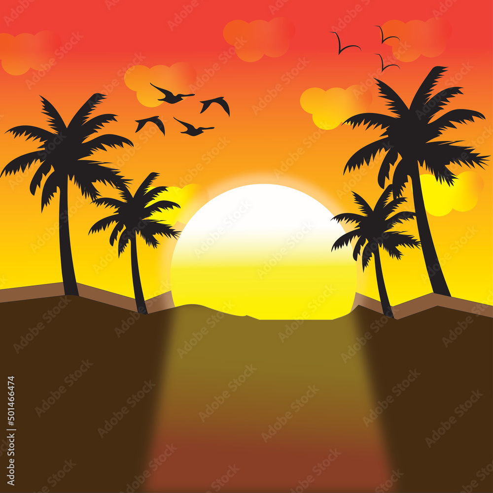 Palm trees on sunset with birds