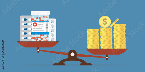 Golden dollar coins and various pills on scales. High price of treatment. Pharmacy, health care concept. Money management, high health costs. Drugstore, expensive medicines.